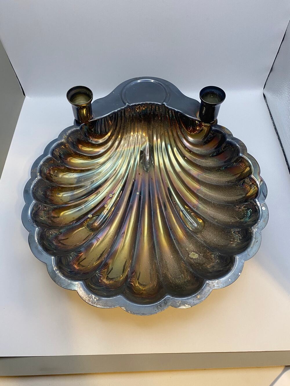 Vintage Silver Plate Shell Dish Candle Holder Grotto Maximalist Coastal Gothic